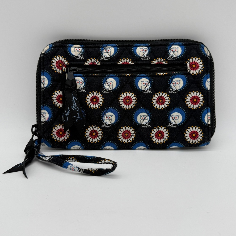 Vera Bradley Wristlet Wallet Women Black Night Day Owl Floral Quilted Zip Around